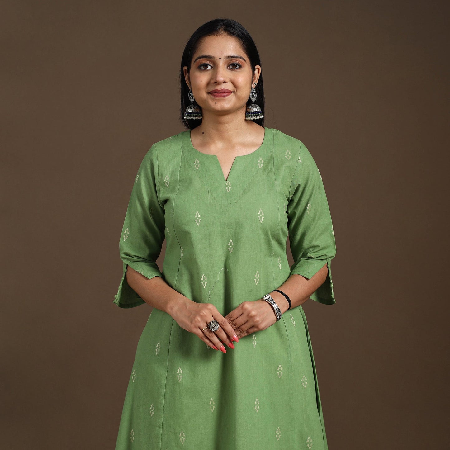 Green A-Line Cotton Jacquard Kurta