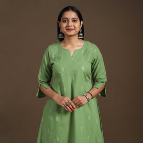 Green A-Line Cotton Jacquard Kurta