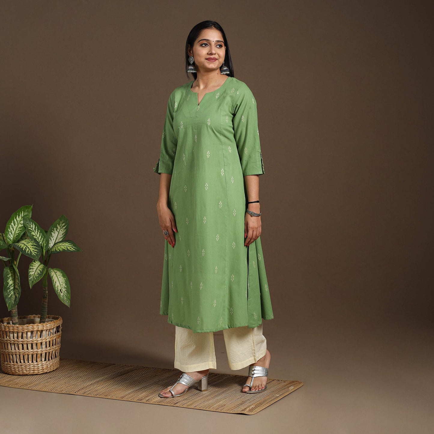 Green A-Line Cotton Jacquard Kurta
