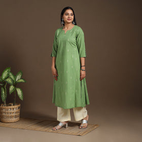 Green A-Line Cotton Jacquard Kurta