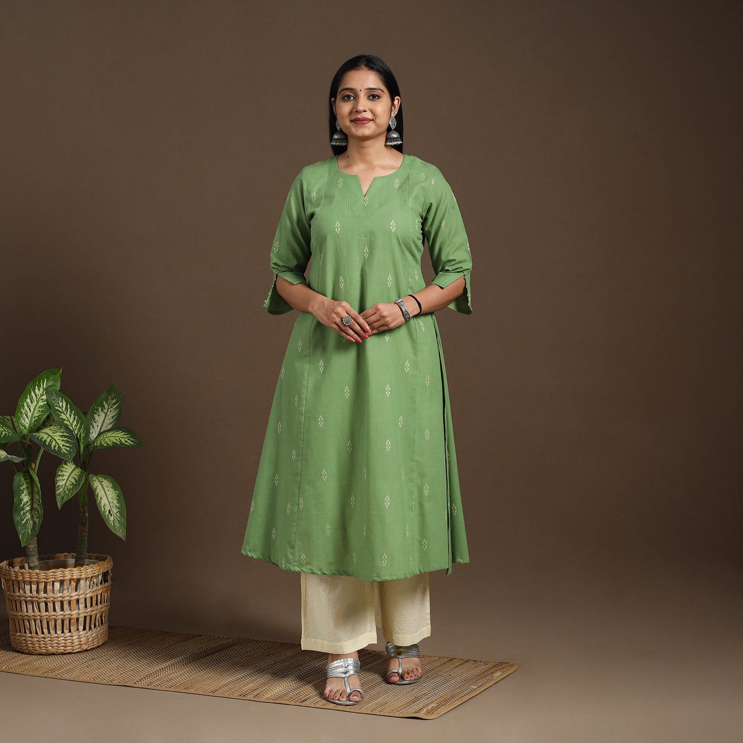 Green A-Line Cotton Jacquard Kurta