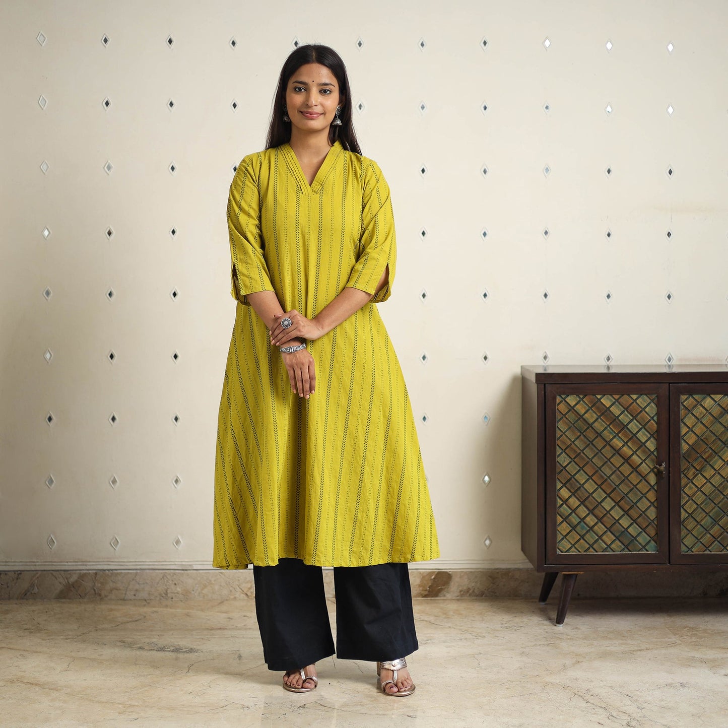 Green A-Line Cotton Jacquard Kurta