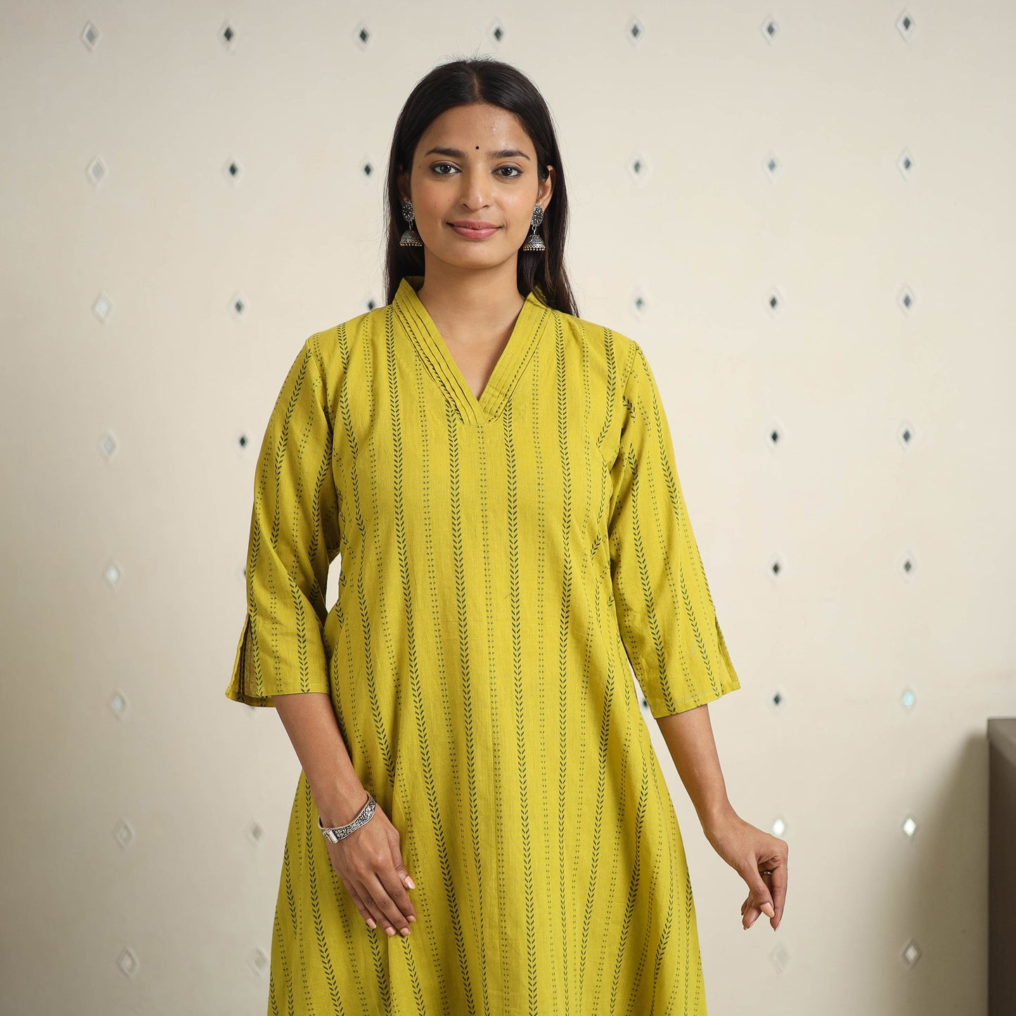 Green A-Line Cotton Jacquard Kurta