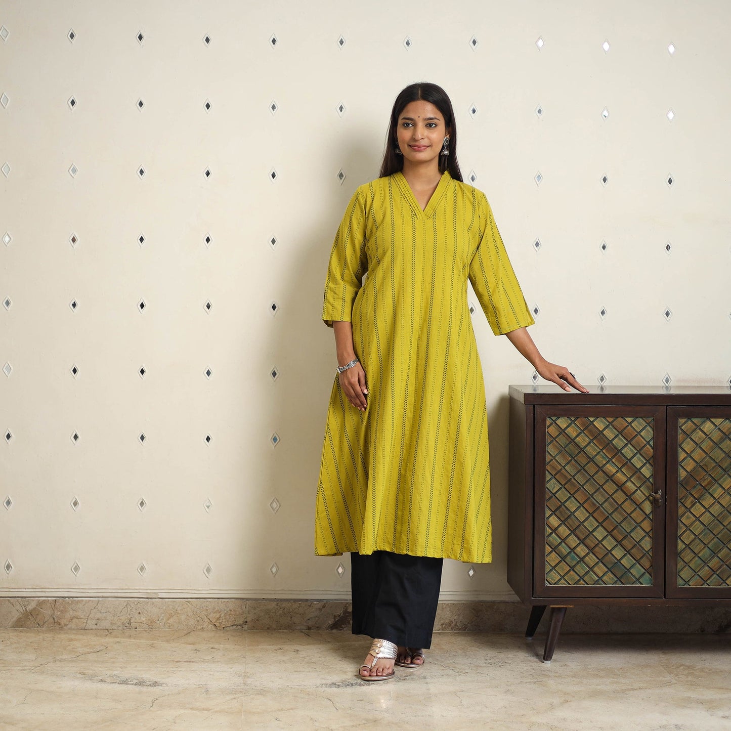 Green A-Line Cotton Jacquard Kurta