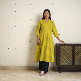 Green A-Line Cotton Jacquard Kurta