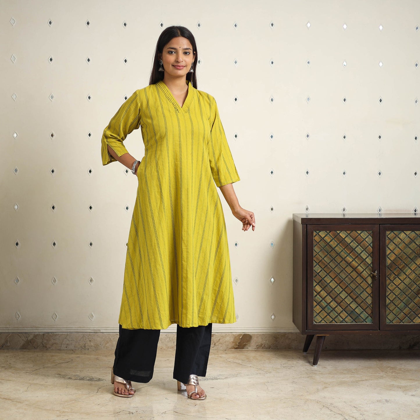 Green A-Line Cotton Jacquard Kurta