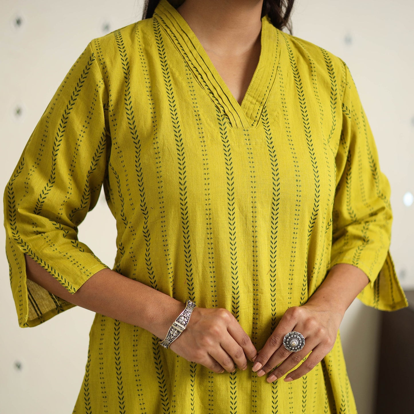 Green A-Line Cotton Jacquard Kurta