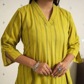 Green A-Line Cotton Jacquard Kurta
