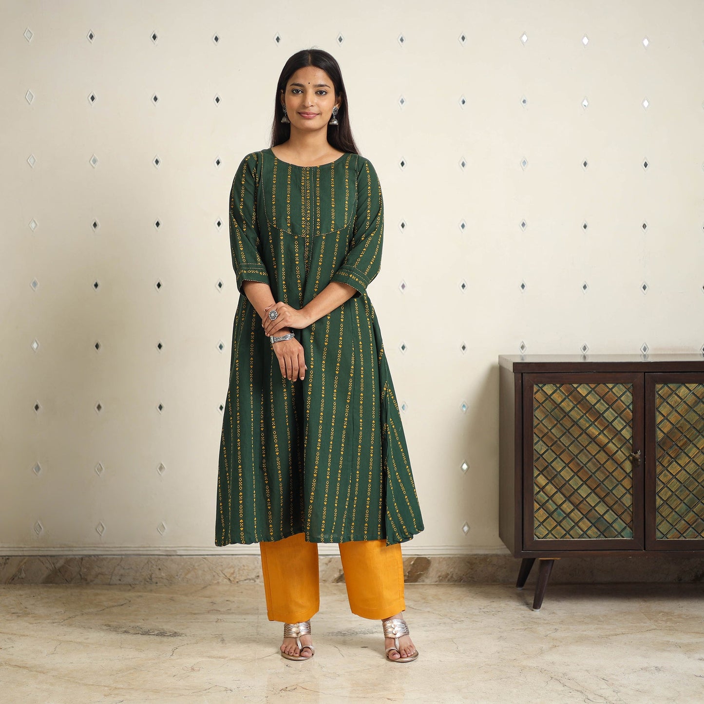 Green A-Line Cotton Jacquard Kurta