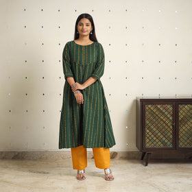 Green A-Line Cotton Jacquard Kurta