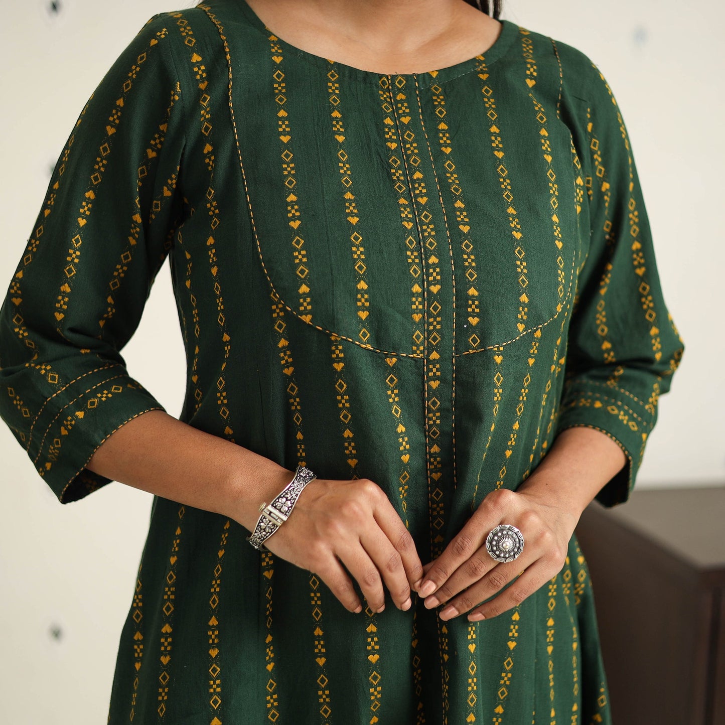Green A-Line Cotton Jacquard Kurta