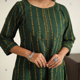 Green A-Line Cotton Jacquard Kurta