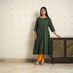Green A-Line Cotton Jacquard Kurta