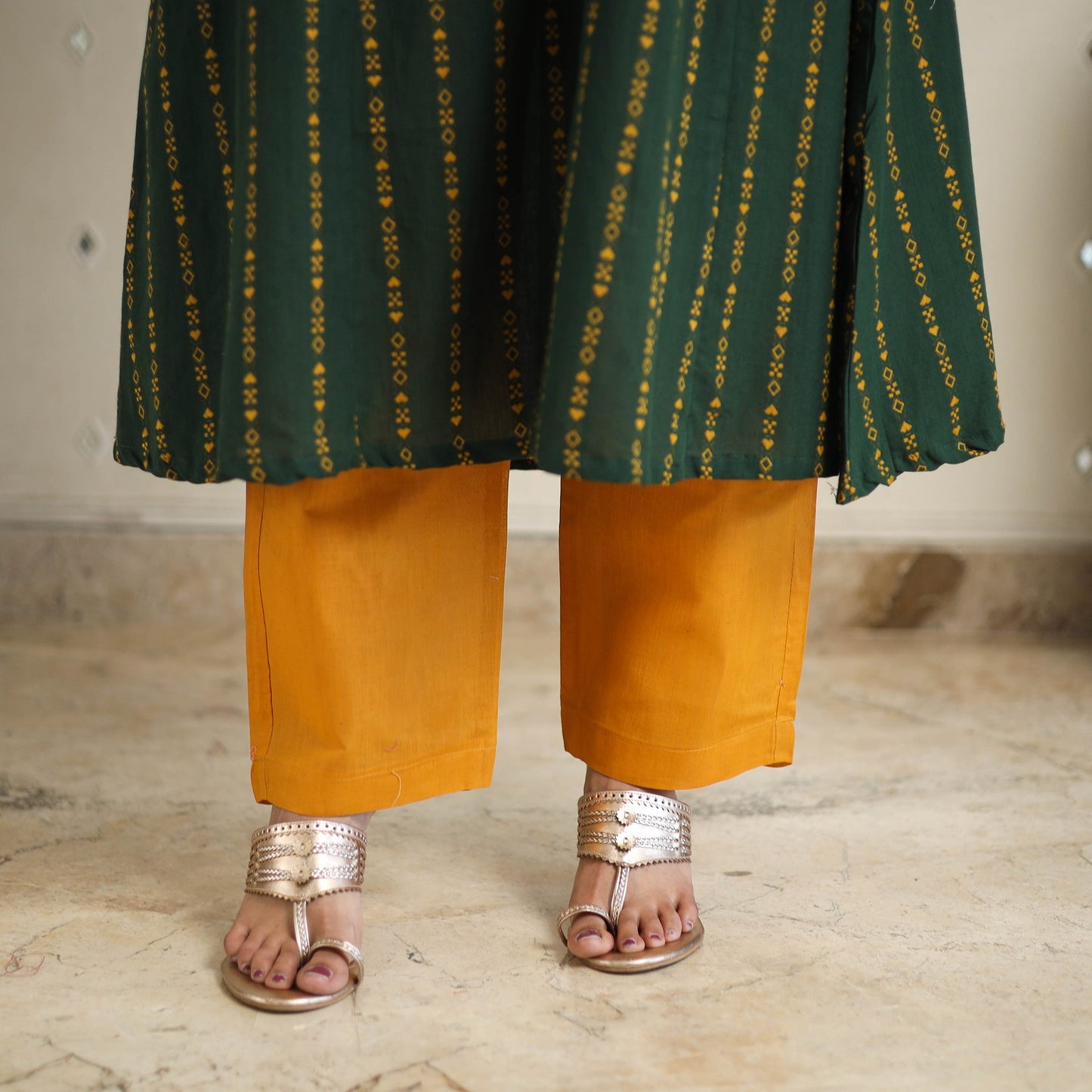 Green A-Line Cotton Jacquard Kurta