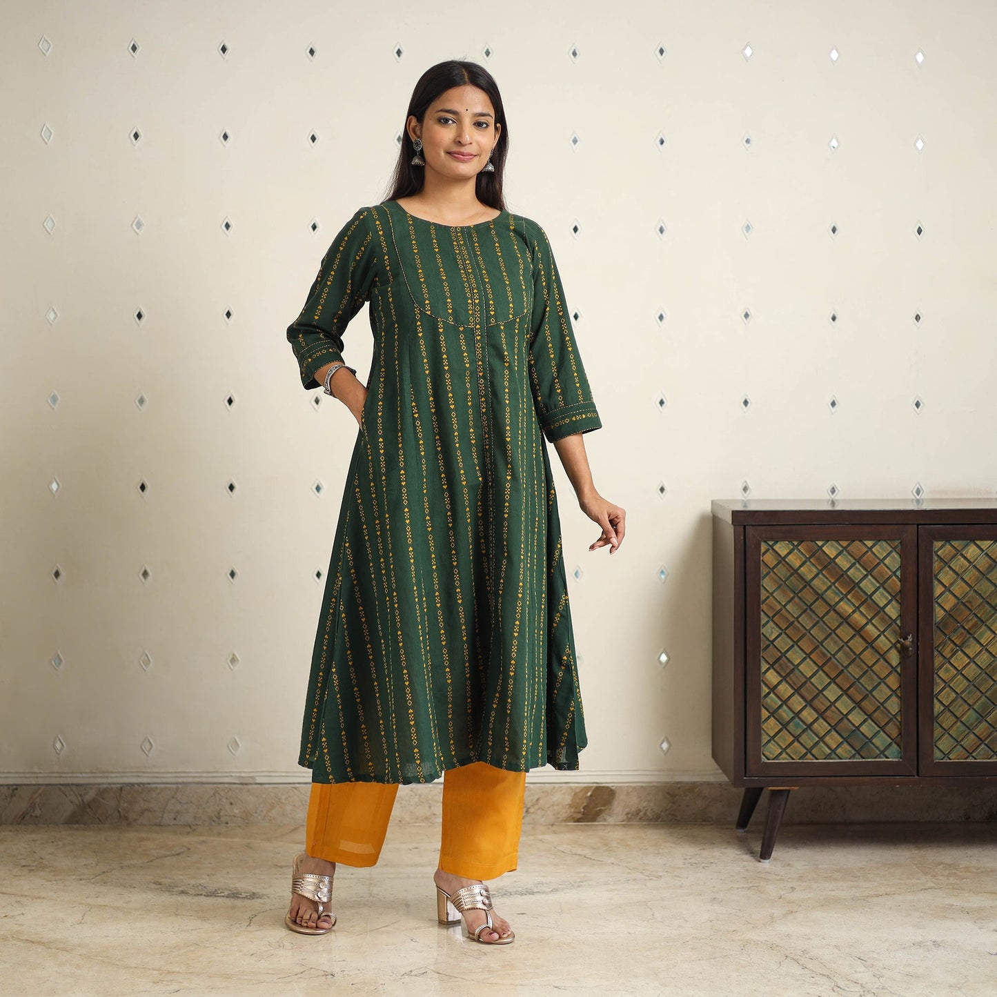 Green A-Line Cotton Jacquard Kurta