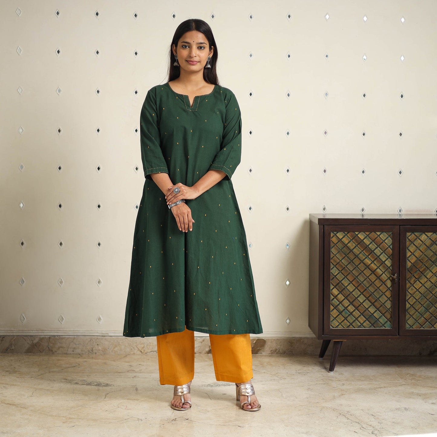 Green A-Line Cotton Jacquard Kurta