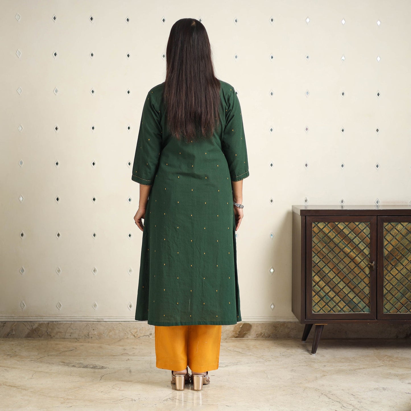 Green A-Line Cotton Jacquard Kurta