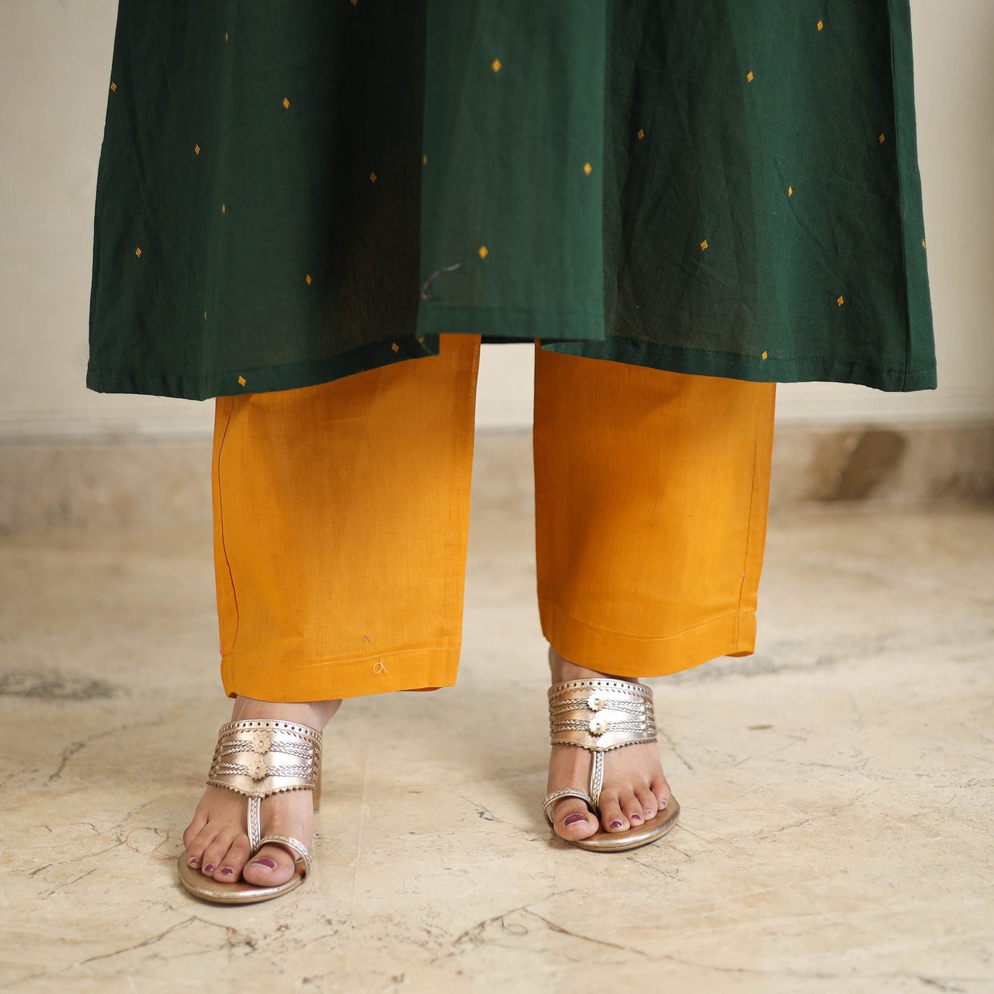 Green A-Line Cotton Jacquard Kurta