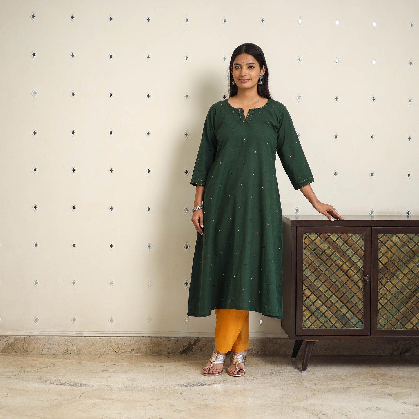 Green A-Line Cotton Jacquard Kurta