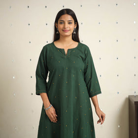 Green A-Line Cotton Jacquard Kurta