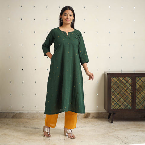 Green A-Line Cotton Jacquard Kurta