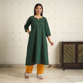 Green A-Line Cotton Jacquard Kurta