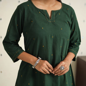Green A-Line Cotton Jacquard Kurta