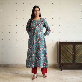  Green A-Line Cotton Block Print Sanganeri Kurta