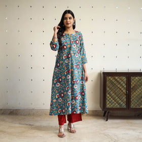  Green A-Line Cotton Block Print Sanganeri Kurta