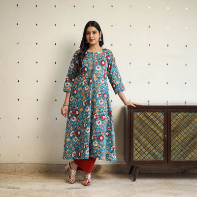  Green A-Line Cotton Block Print Sanganeri Kurta