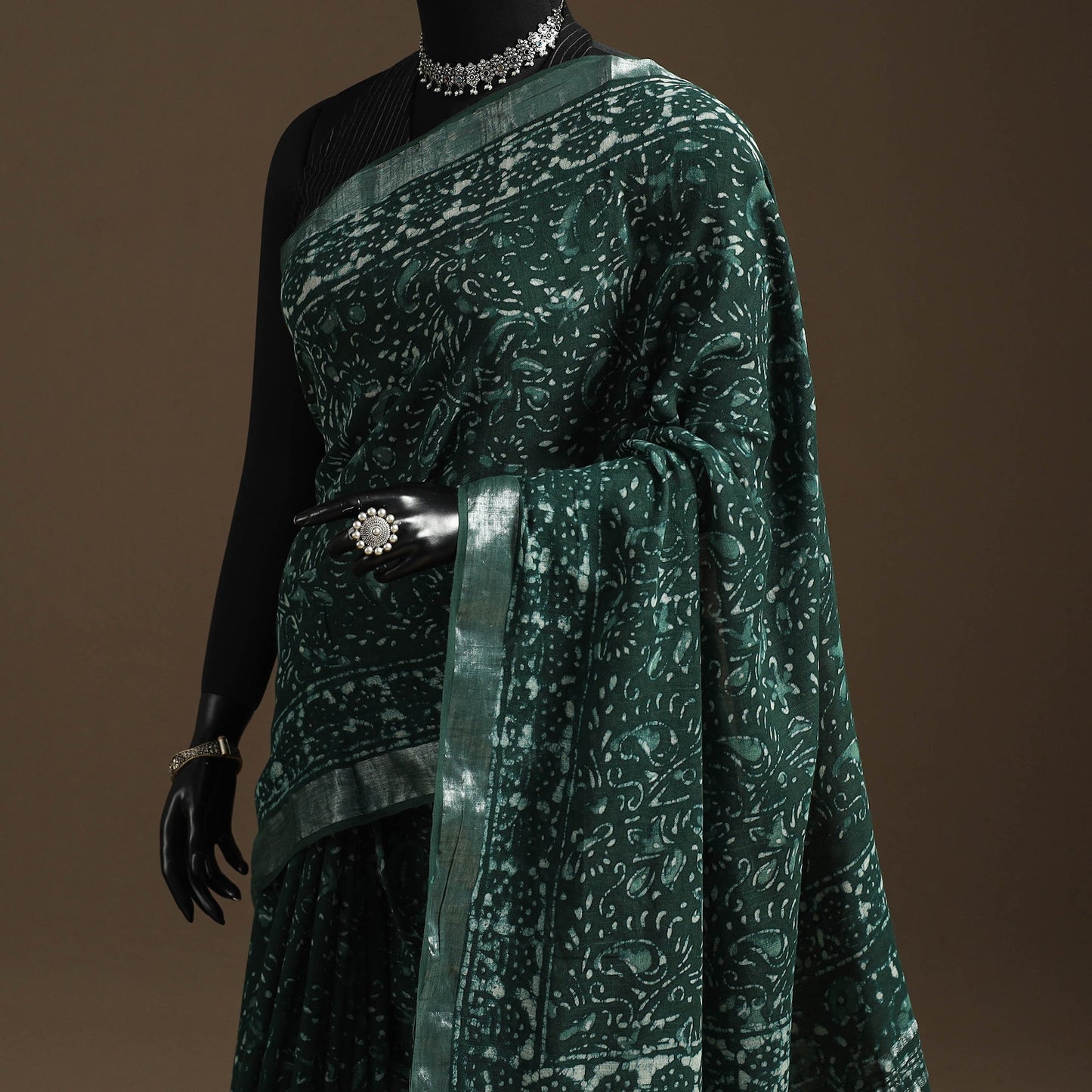 Linen hand batik saree with zari border 09 - handcrafted