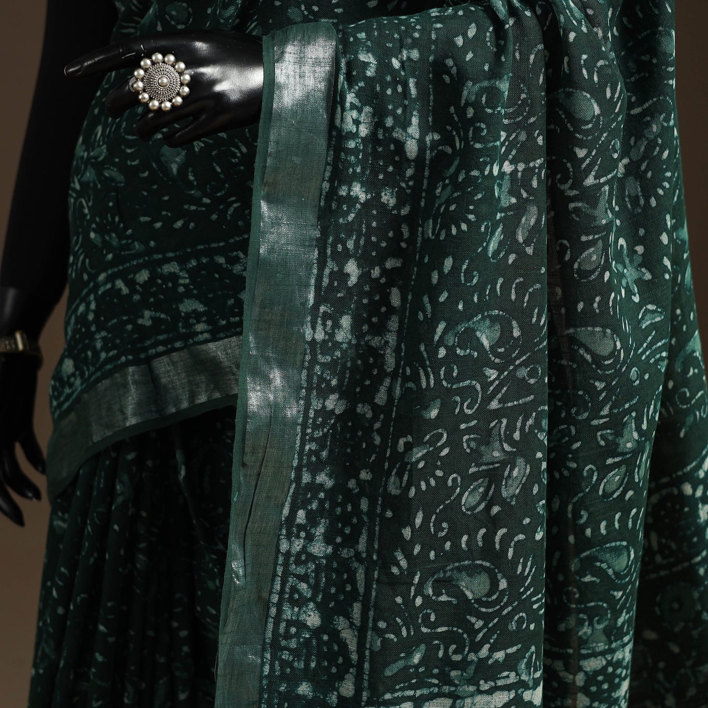 Linen hand batik saree with zari border 09 - handcrafted