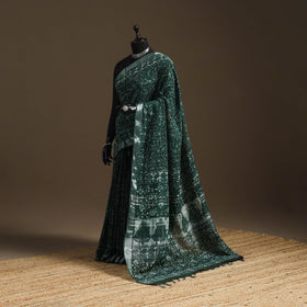 Linen hand batik saree with zari border 09 - handcrafted