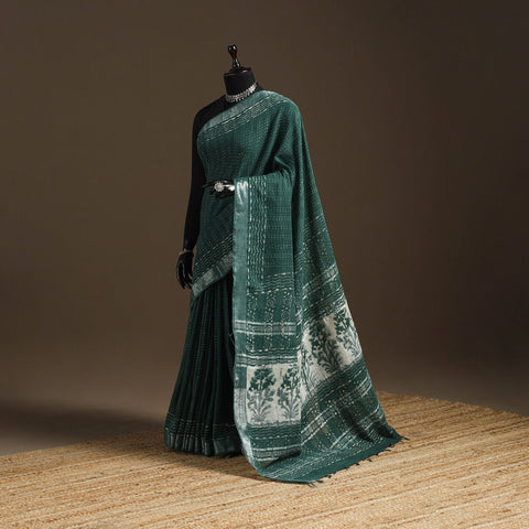 Linen hand batik saree with zari border 11 - handcrafted