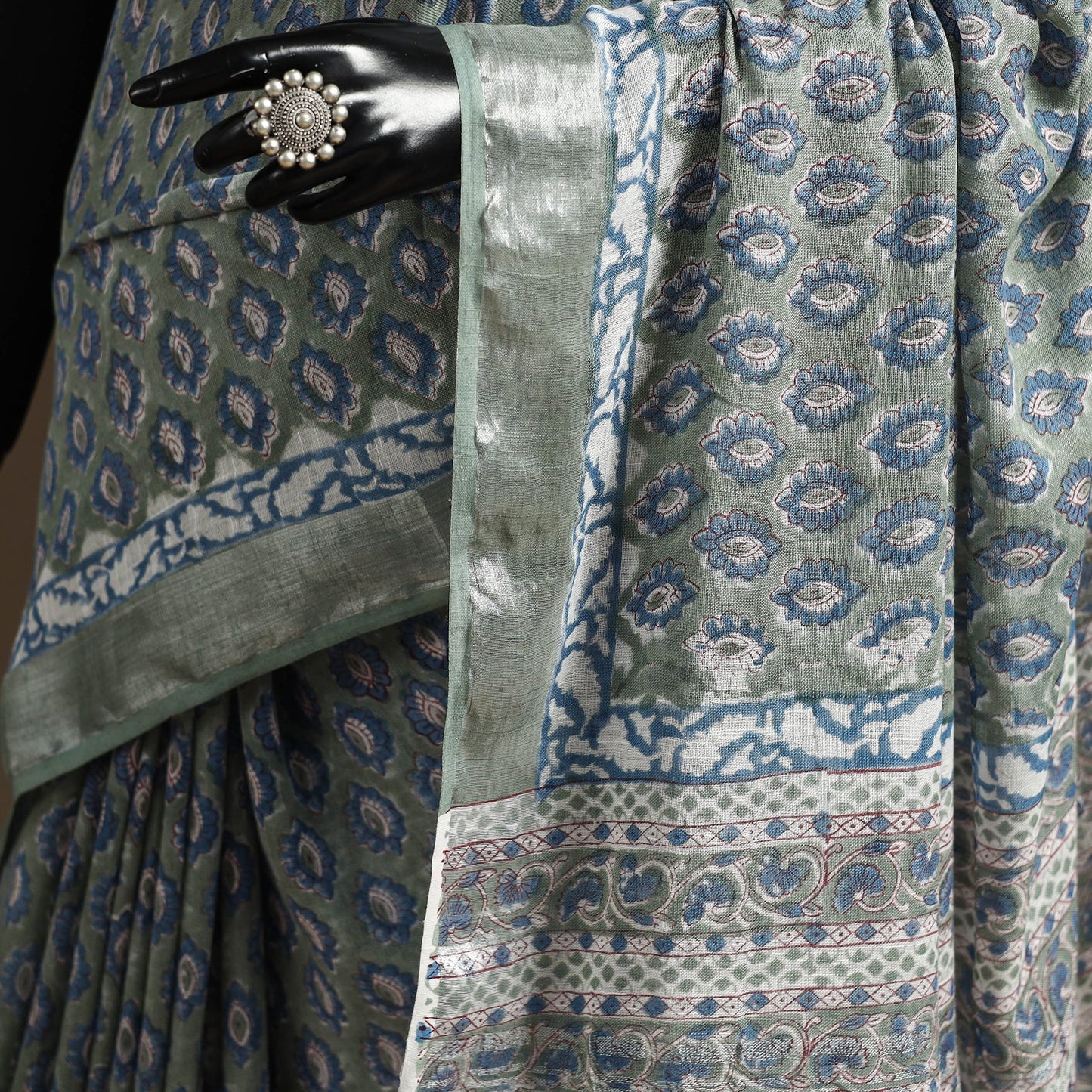 Linen hand sanganeri saree with zari border 07 - handcrafted