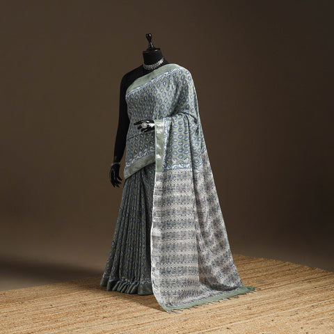 Linen hand sanganeri saree with zari border 07 - handcrafted