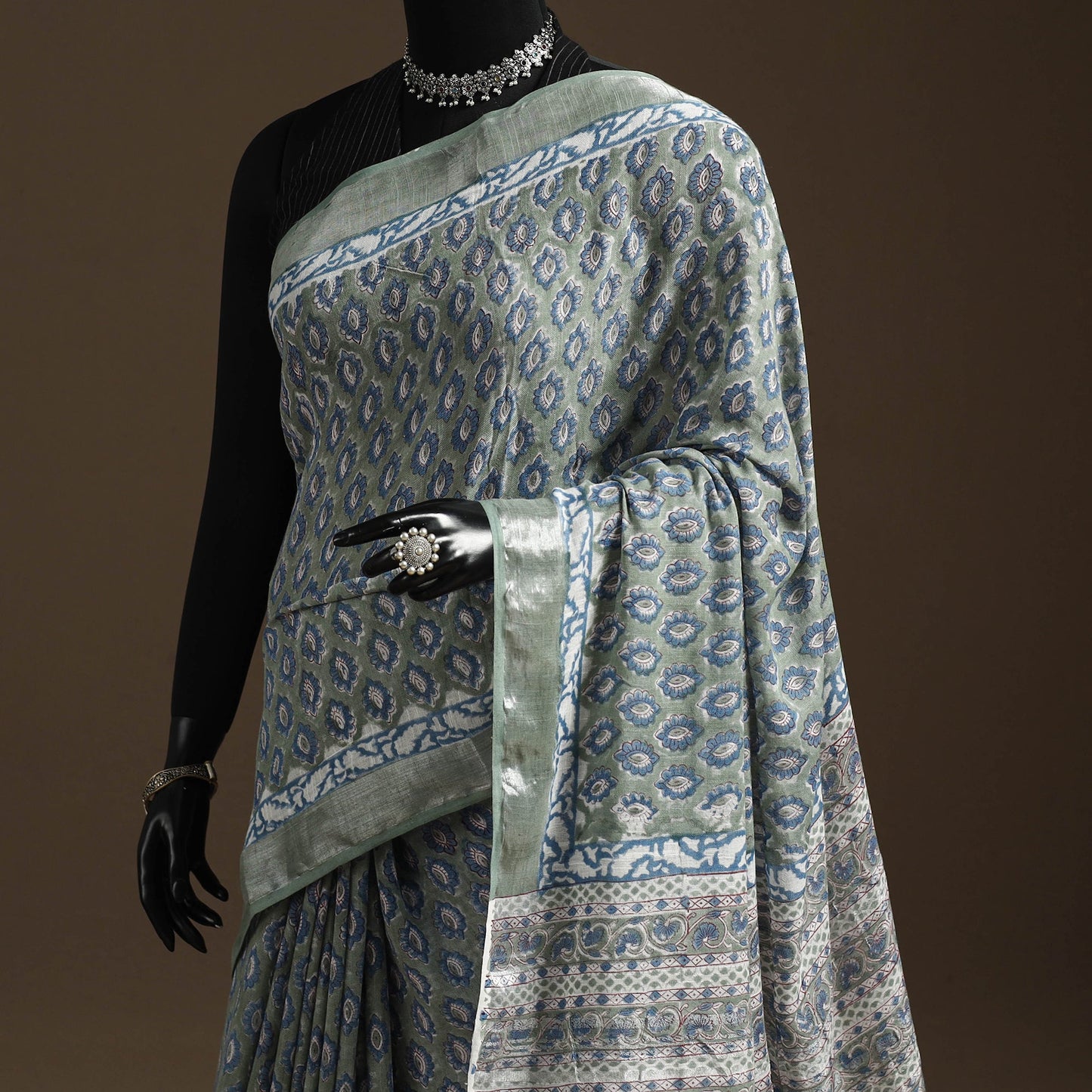 Linen hand sanganeri saree with zari border 07 - handcrafted