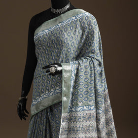 Linen hand sanganeri saree with zari border 07 - handcrafted