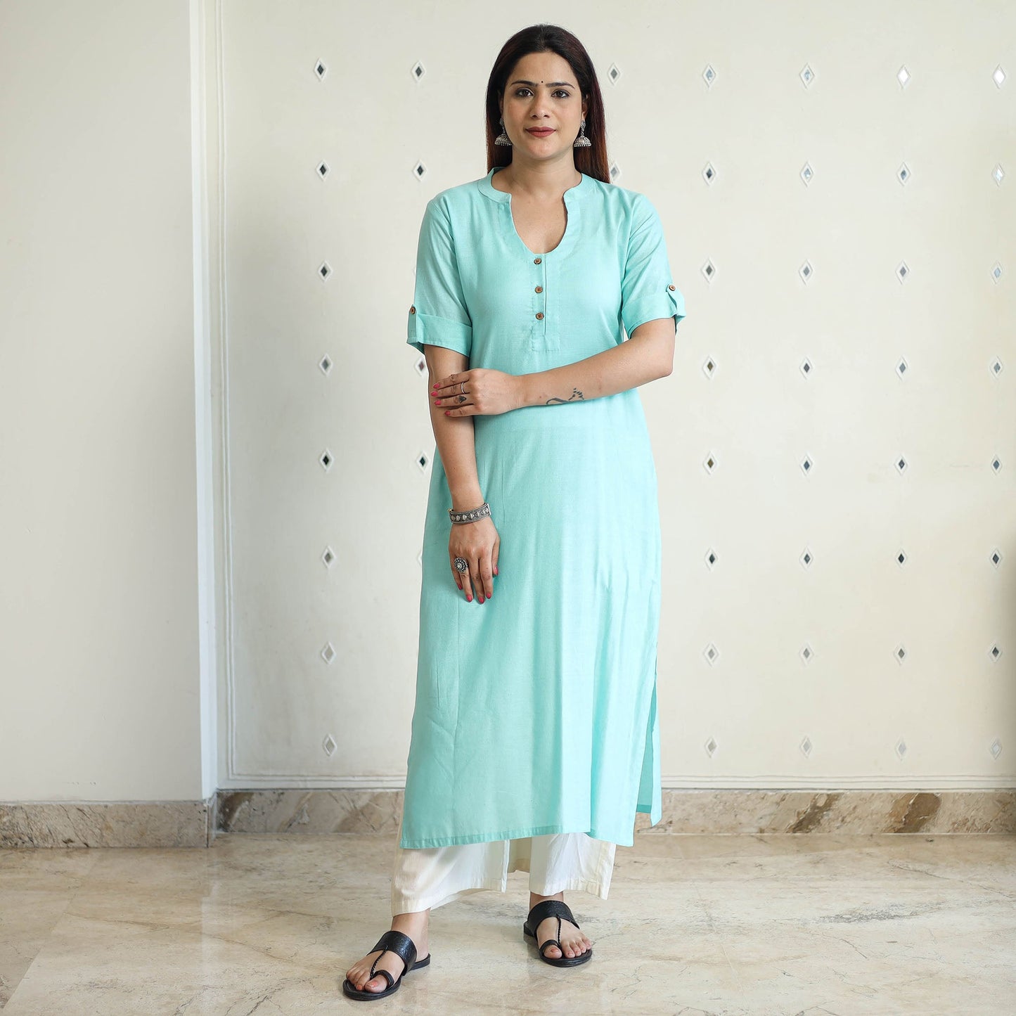 Green - Linen Viscose Plain Long Straight Kurta 47