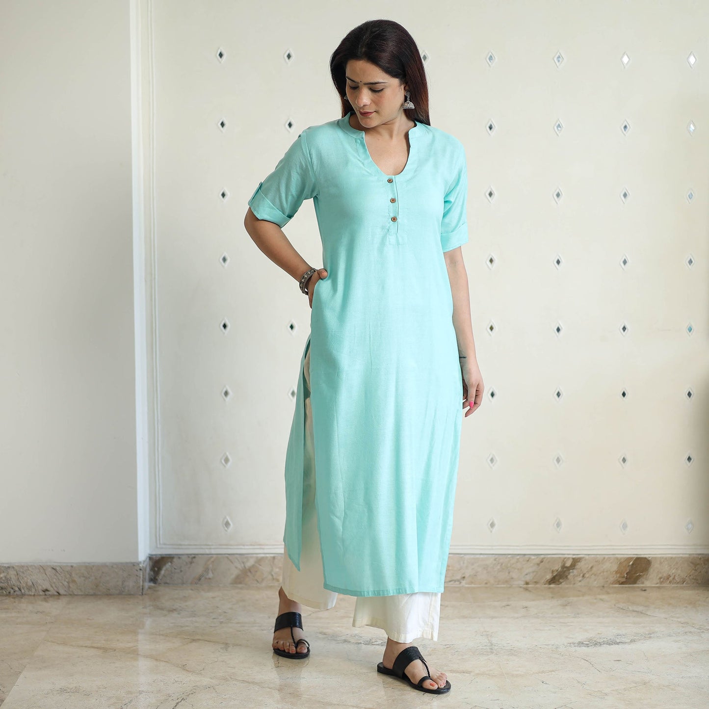 Green - Linen Viscose Plain Long Straight Kurta 47