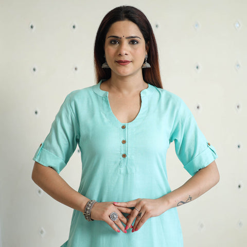 Green - Linen Viscose Plain Long Straight Kurta 47