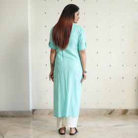 Green - Linen Viscose Plain Long Straight Kurta 47