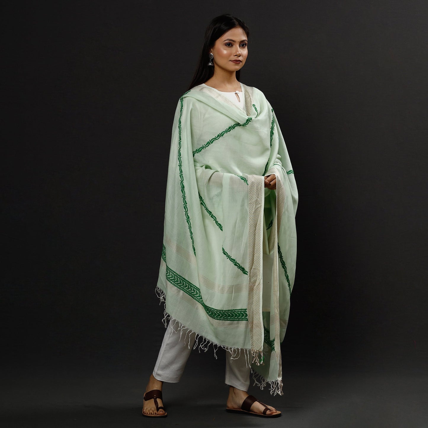  Lucknow Chikankari Hand Embroidery Maheshwari Silk Handloom Dupatta Online 