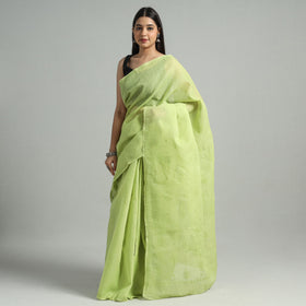 Green - Lucknow Chikankari Hand Embroidery Terivoile Cotton Saree 09