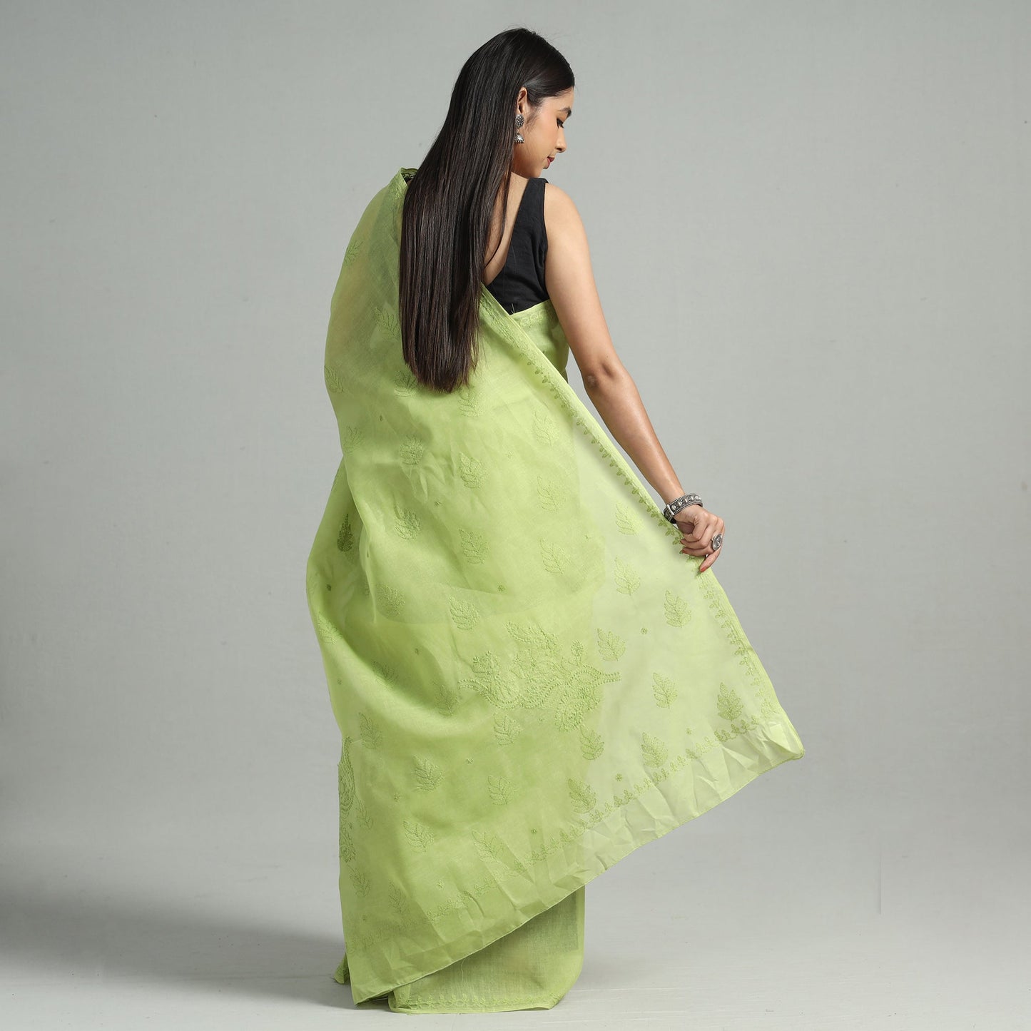 Green - Lucknow Chikankari Hand Embroidery Terivoile Cotton Saree 09