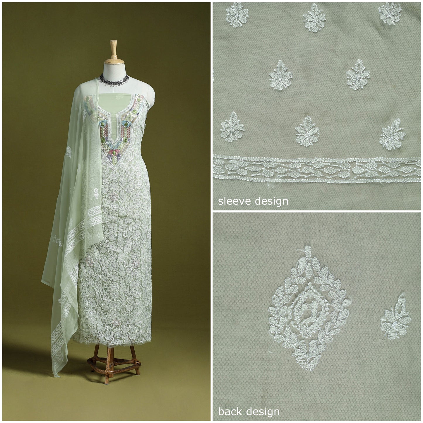 Green - lucknowi hand embroidered chikankari georgette 3pc