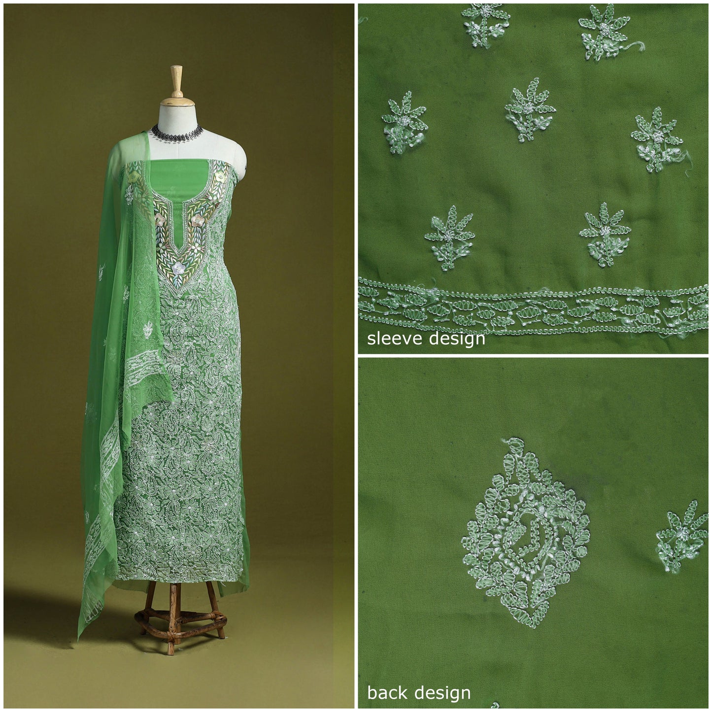 Green - lucknowi hand embroidered chikankari georgette 3pc