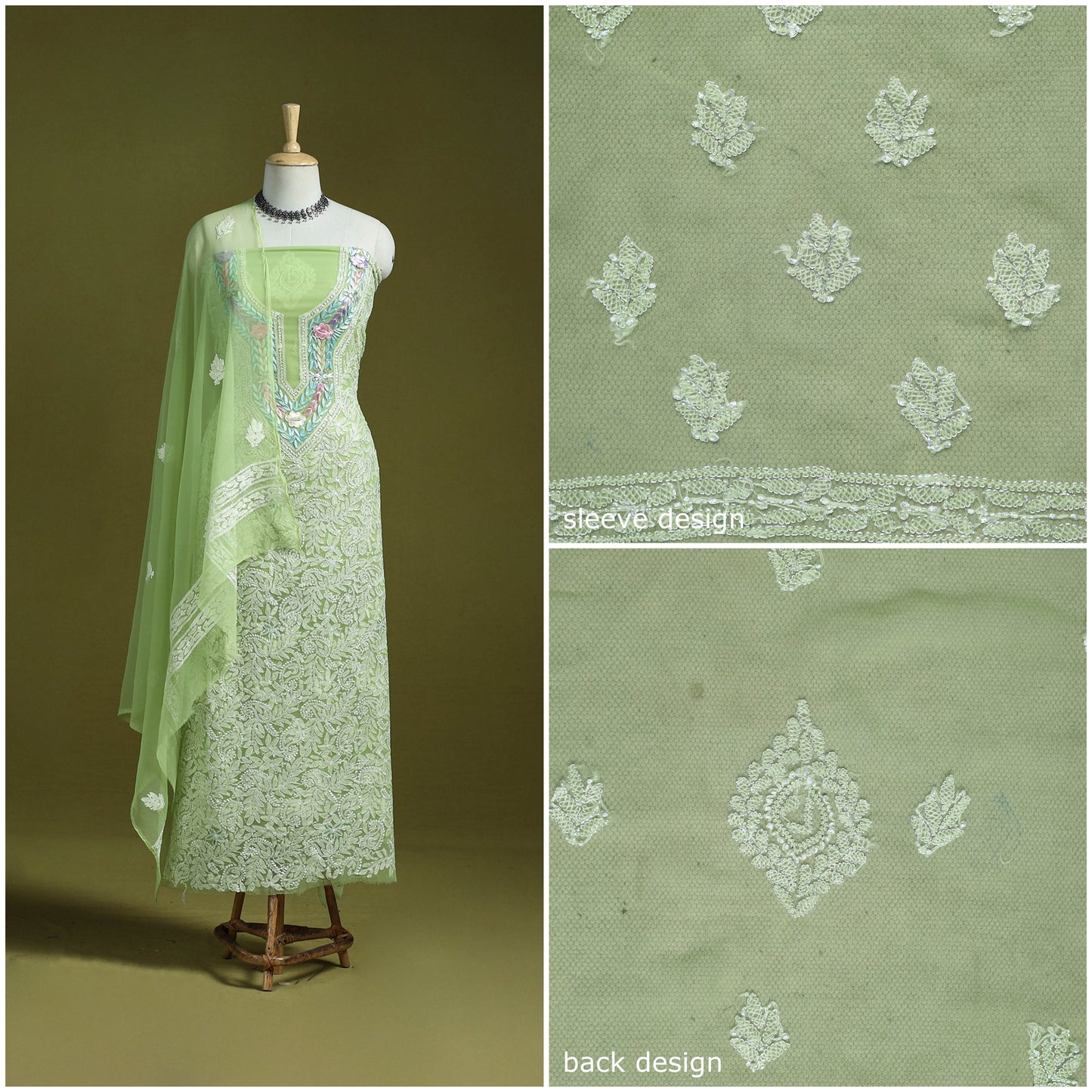 Green - lucknowi hand embroidered chikankari georgette 3pc