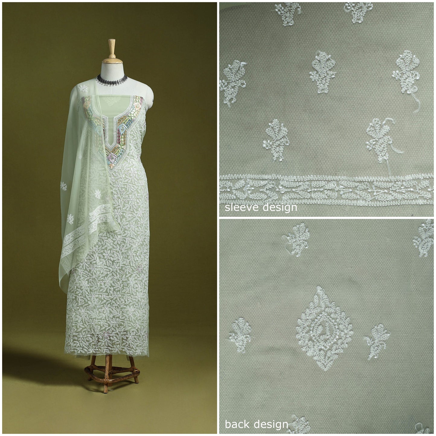 Green - lucknowi hand embroidered chikankari georgette 3pc