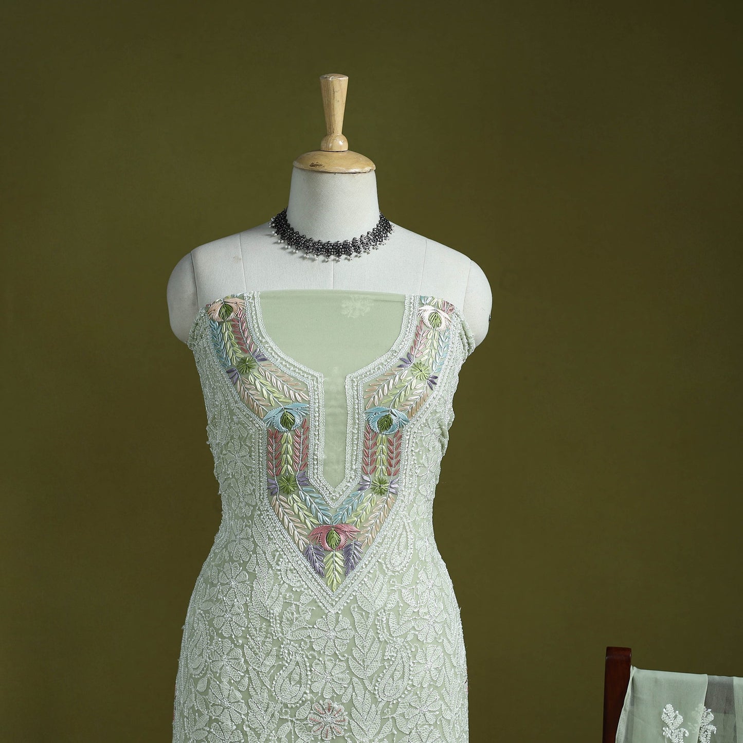 Green - lucknowi hand embroidered chikankari georgette 3pc